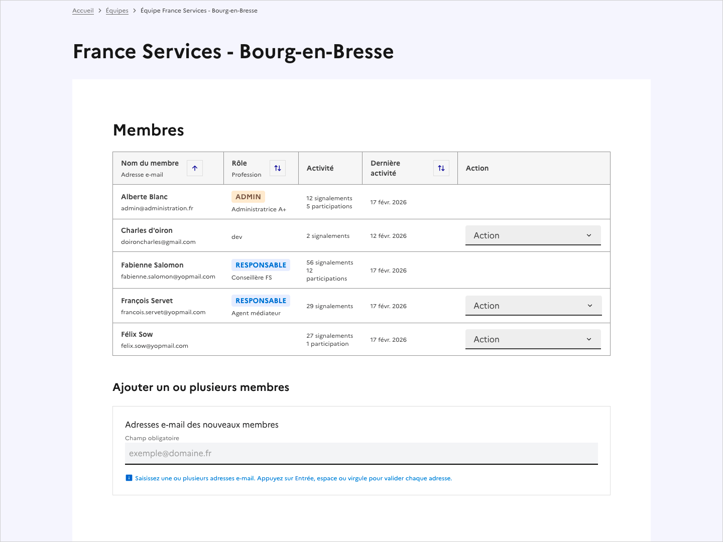 Copie d'écran de la page d'une équipe. L'utilisateur retiré ne figure plus dans le tableau des membres.
