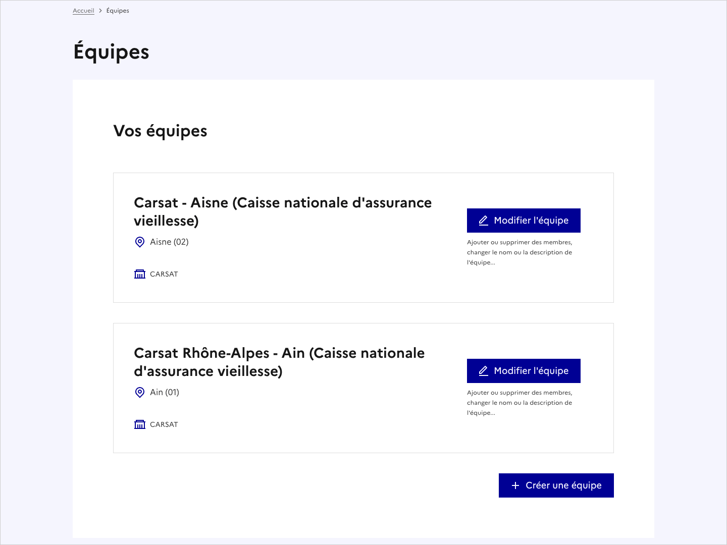 Copie d'écran de la page Équipes (vue par un responsable).