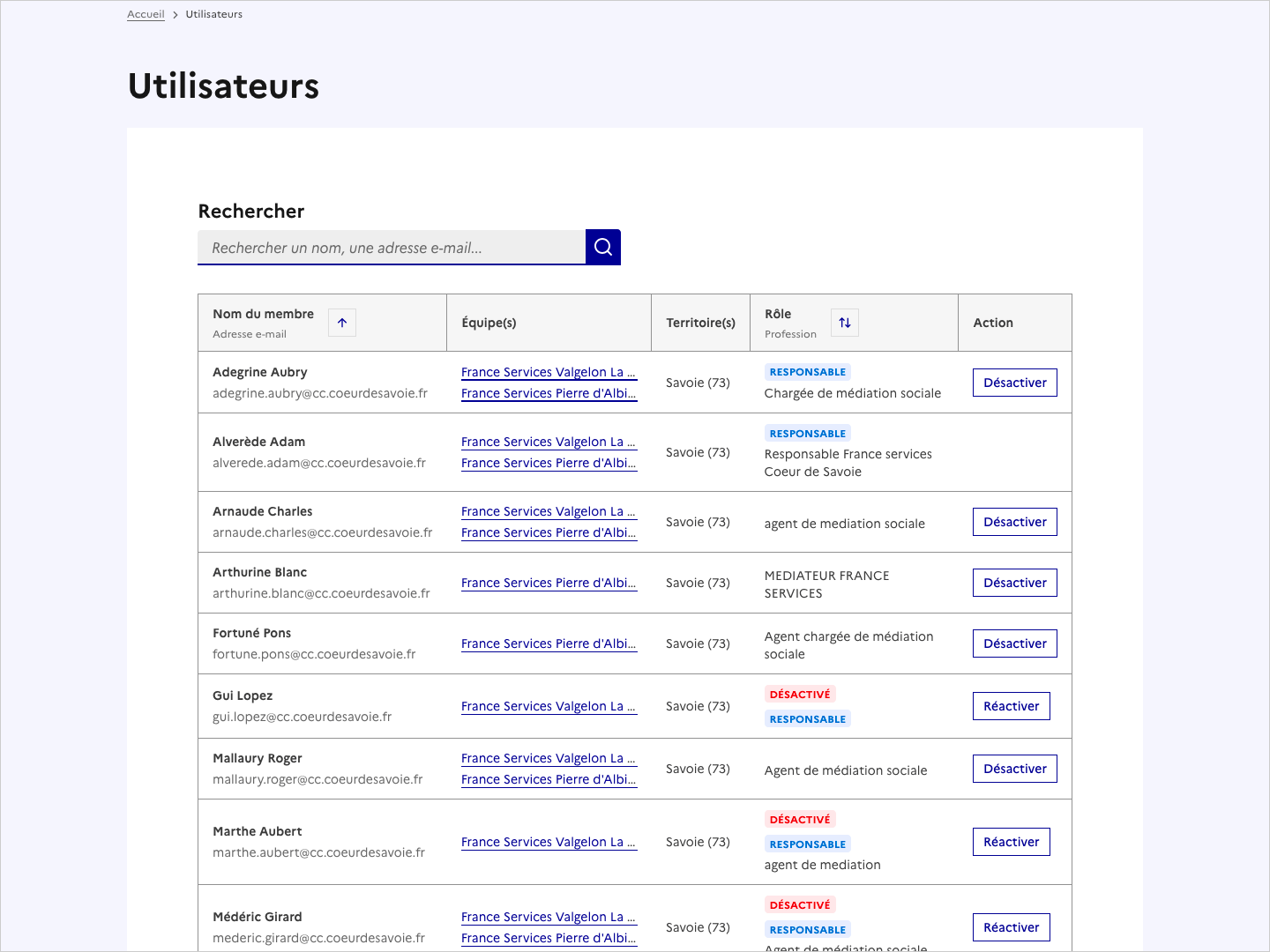 Copie d'écran de la page Utilisateurs (pour les responsables d'équipes)