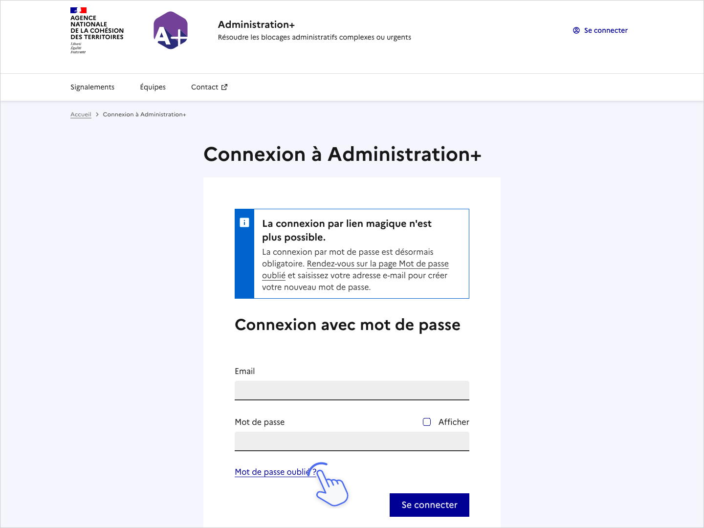 Copie d'écran de la page de connexion. Une main montre l'endroit où cliquer pour changer son mot de passe.