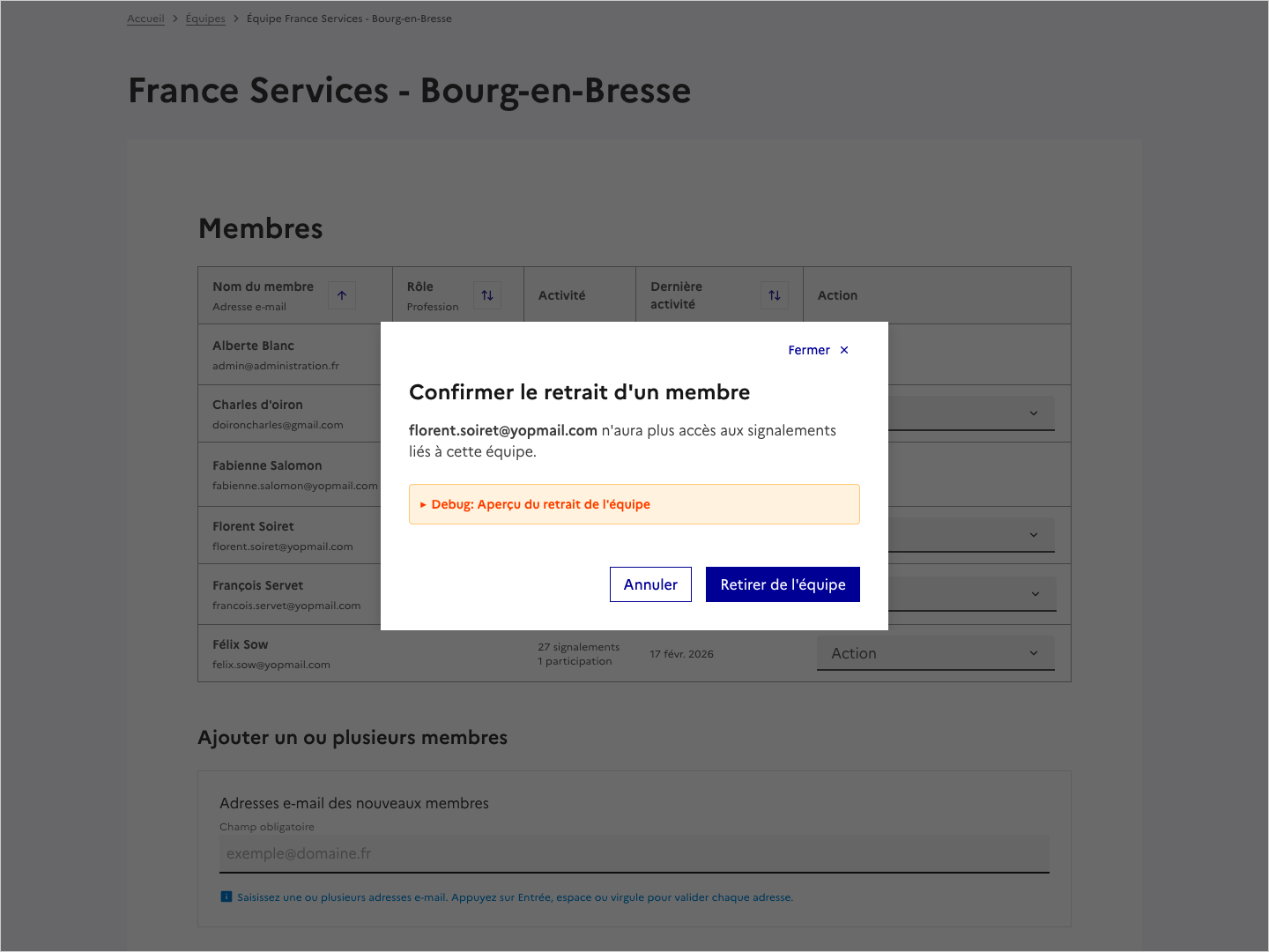 Copie d'écran de la fenêtre de confirmation de retrait d'un membre.