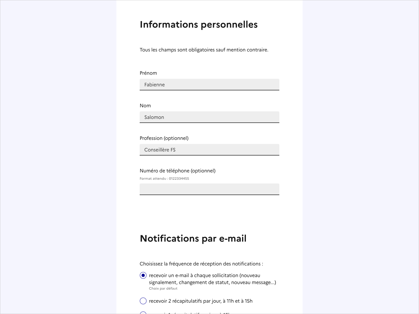 Copie d'écran de la page Profil, section Informations personnelles.