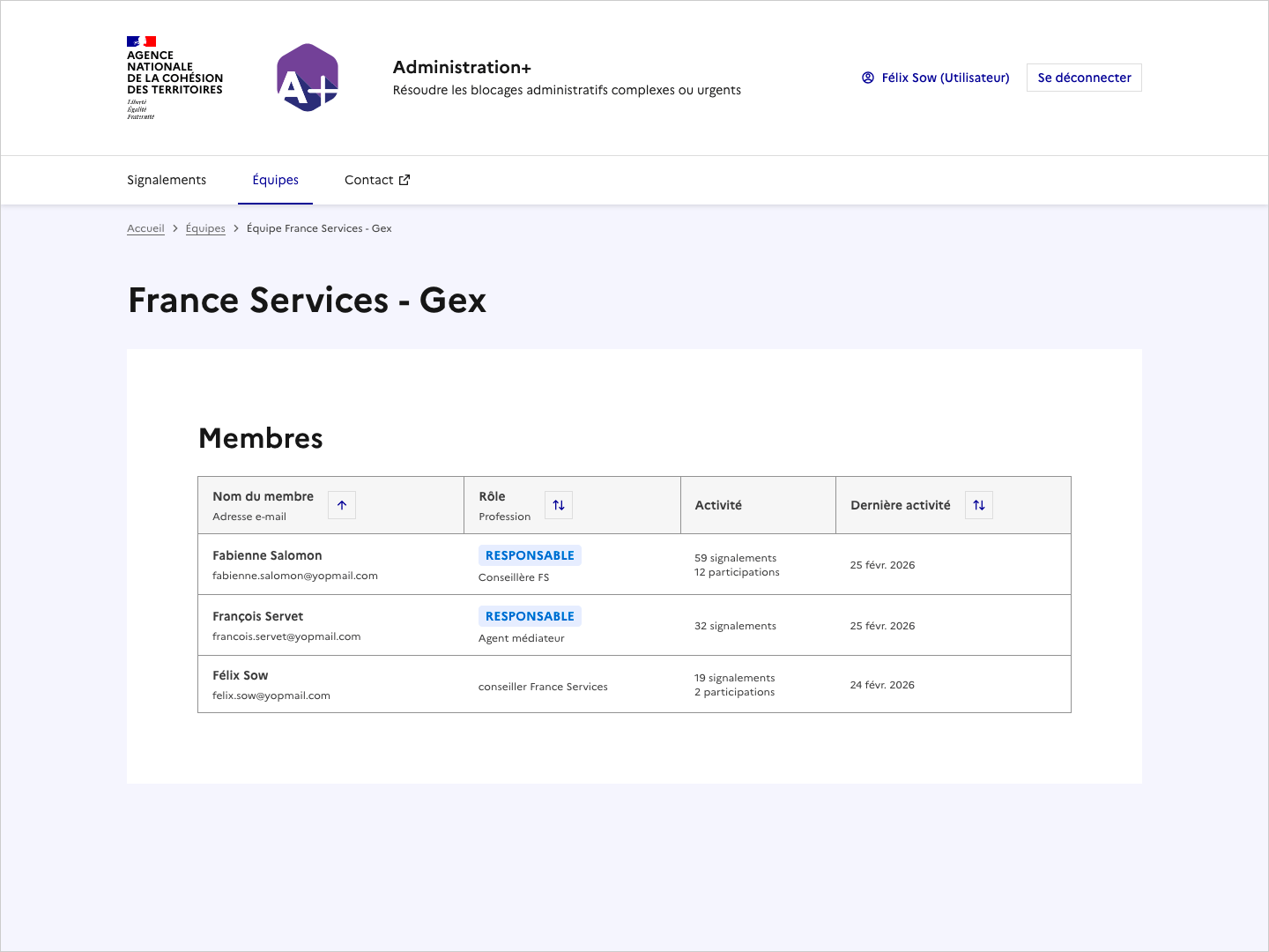 Copie d'écran de la page Détail d'une équipe (vue par un utilisateur).