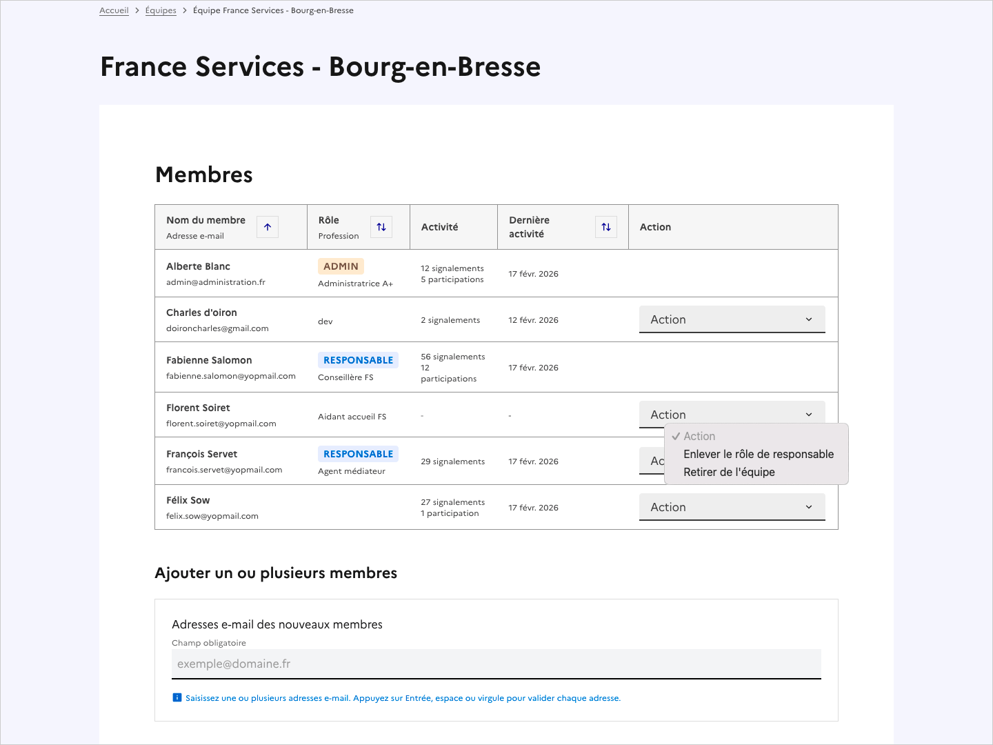 Copie d'écran de la page d'une équipe, avec le menu Action ouvert.