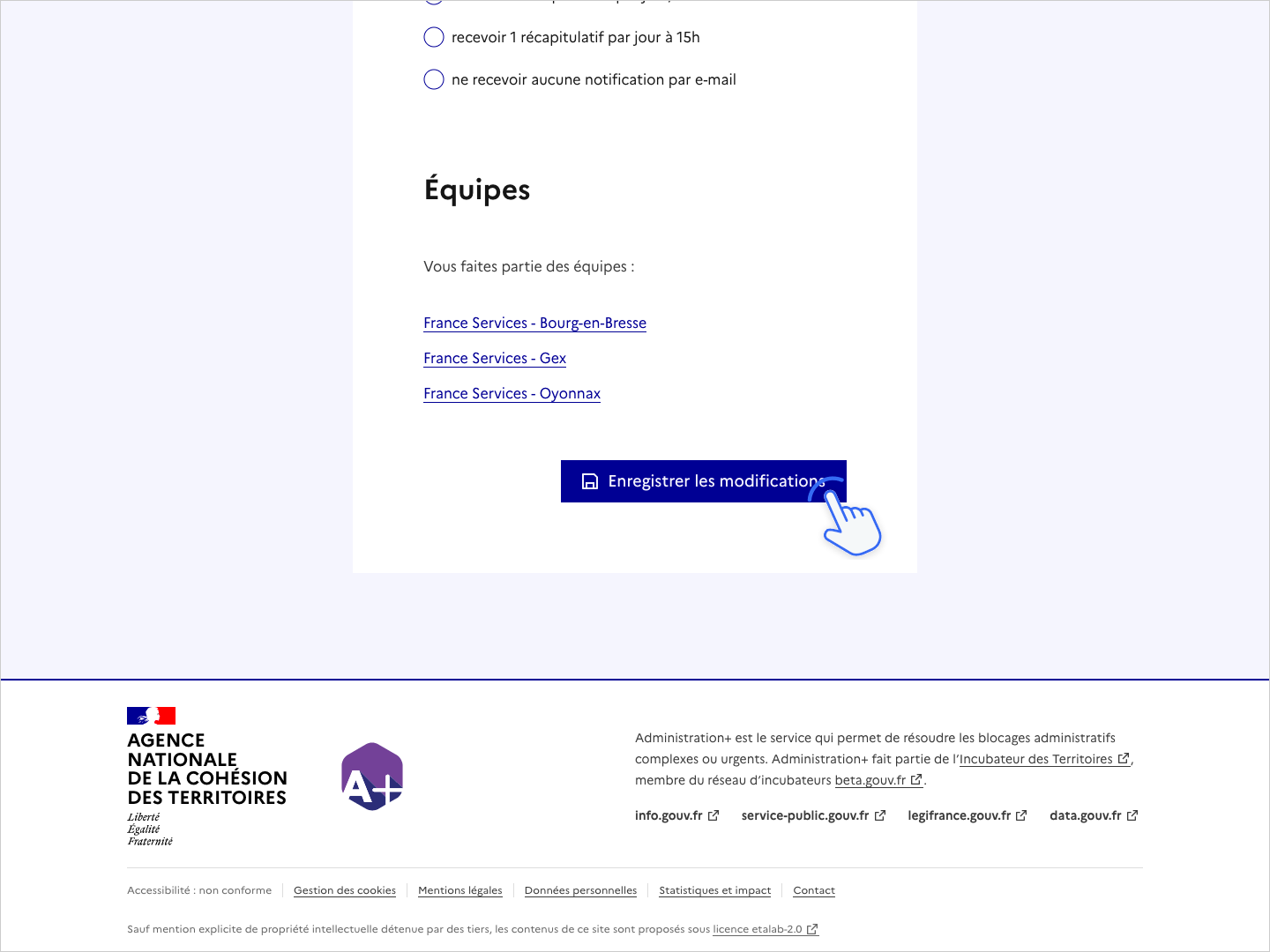 Copie d'écran de la page Profil. Une main indique le bouton Enregistrer les modifications.
