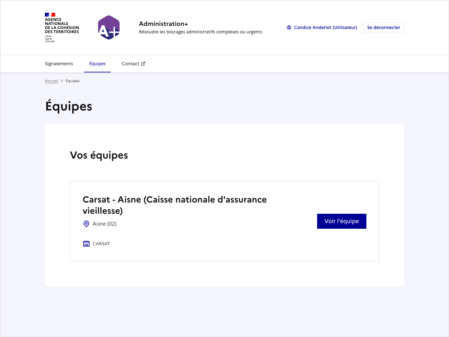 Copie d'écran de la page Équipes (vue par un utilisateur).