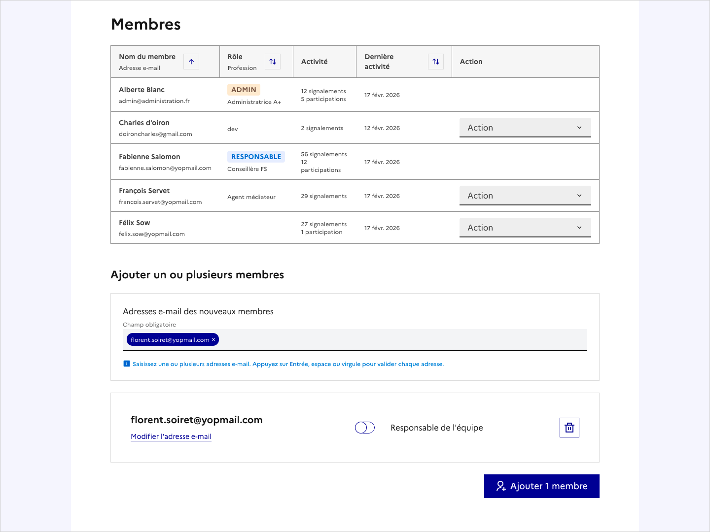 Copie d'écran du bloc "Ajouter un ou plusieurs membres" avec un membre en cours d'ajout.