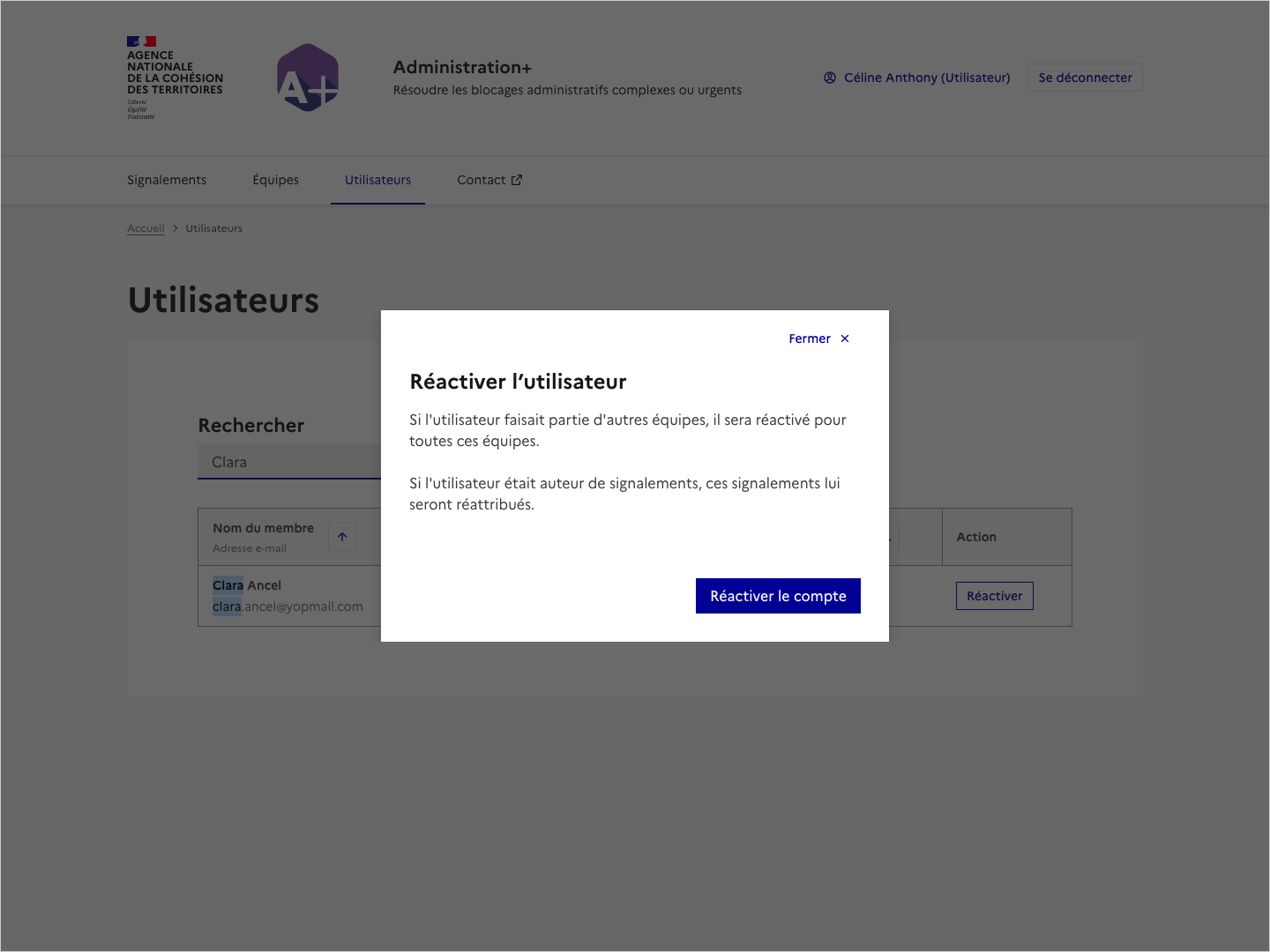Copie d'écran de la fenêtre qui s'ouvre lorsque l'utilisateur clique sur le bouton Réactiver.