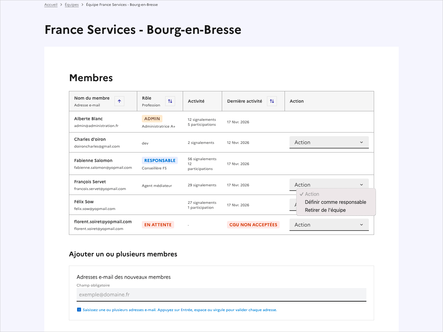 Copie d'écran du bloc Membres, avec le menu Action ouvert.