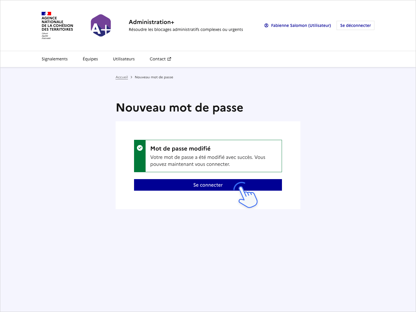 Copie d'écran de la page Nouveau mot de passe. Un message indique que le mot de passe a bien été modifié. Un bouton permet de se connecter au site.