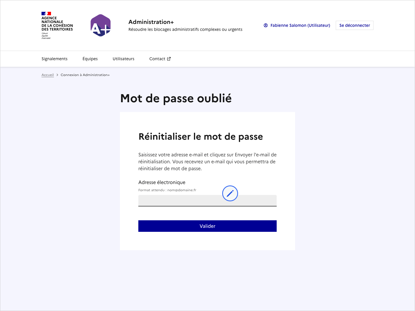 Copie d'écran de la page Mot de passe oublié. Un picto montre l'endroit où saisir son adresse e-mail.