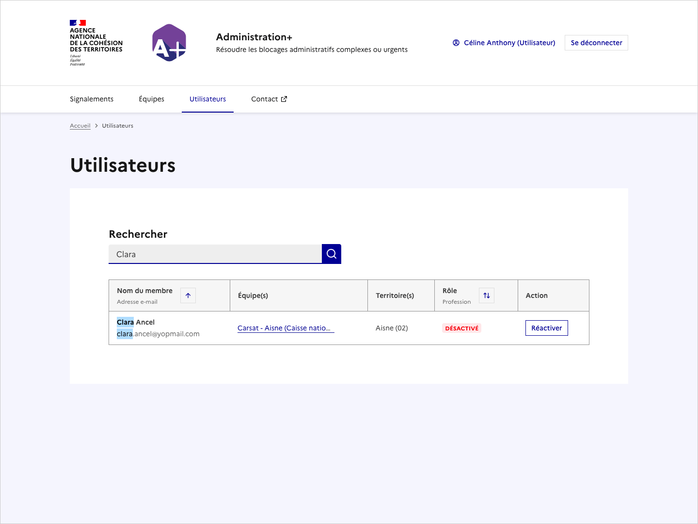 Copie d'écran de la page Utilisateurs, avec une recherche en cours sur "Clara".