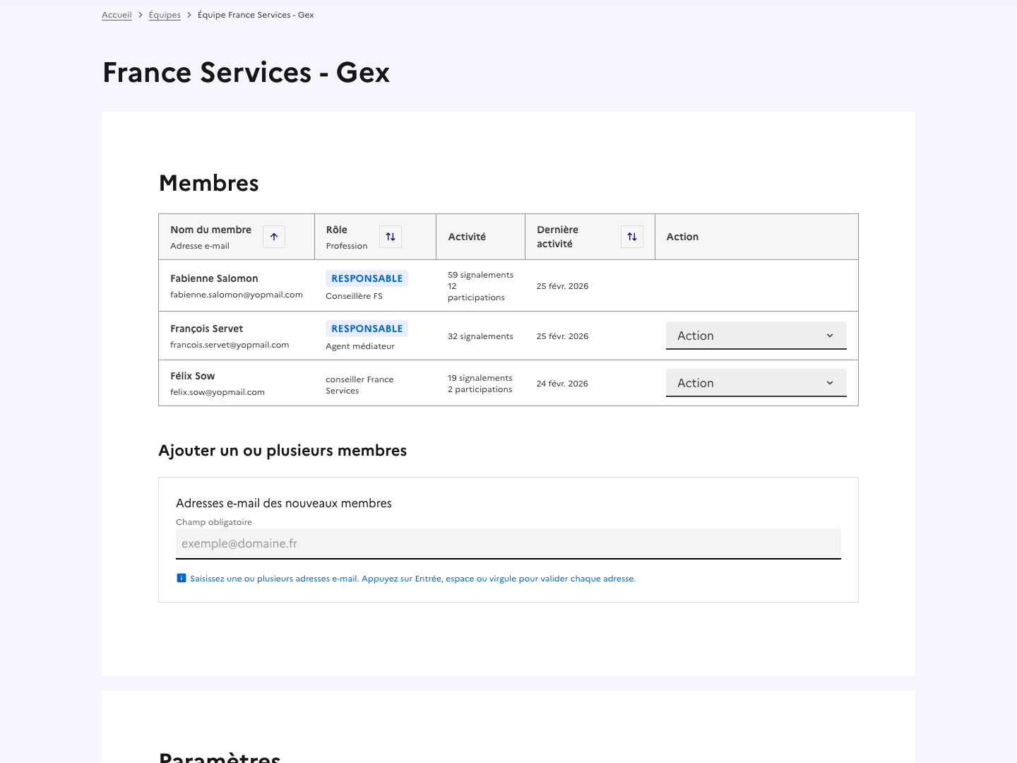 Copie d'écran de la page Détails d'une équipe (haut de la page, vue par un responsable).