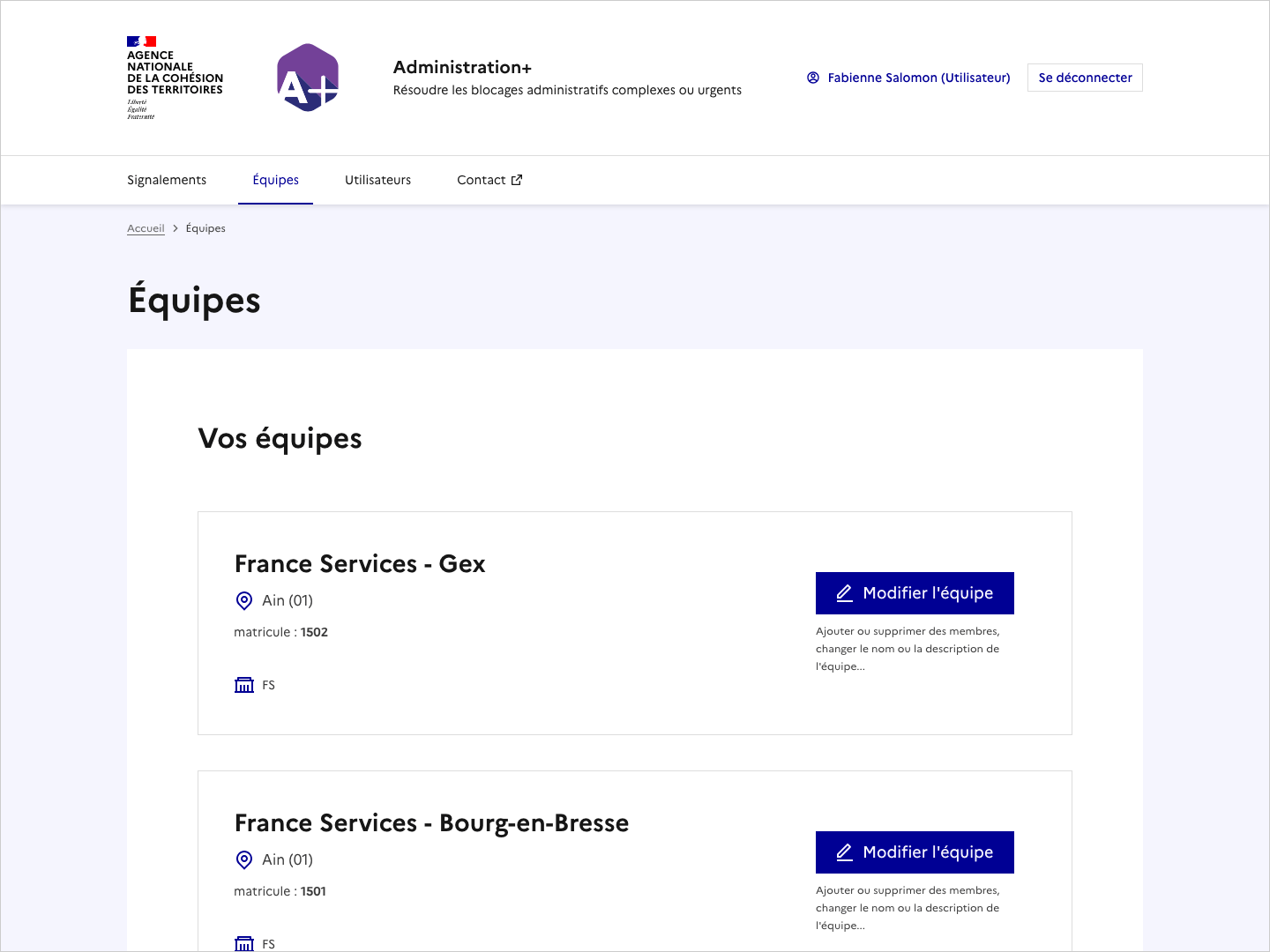 Copie d'écran de la page Équipes.