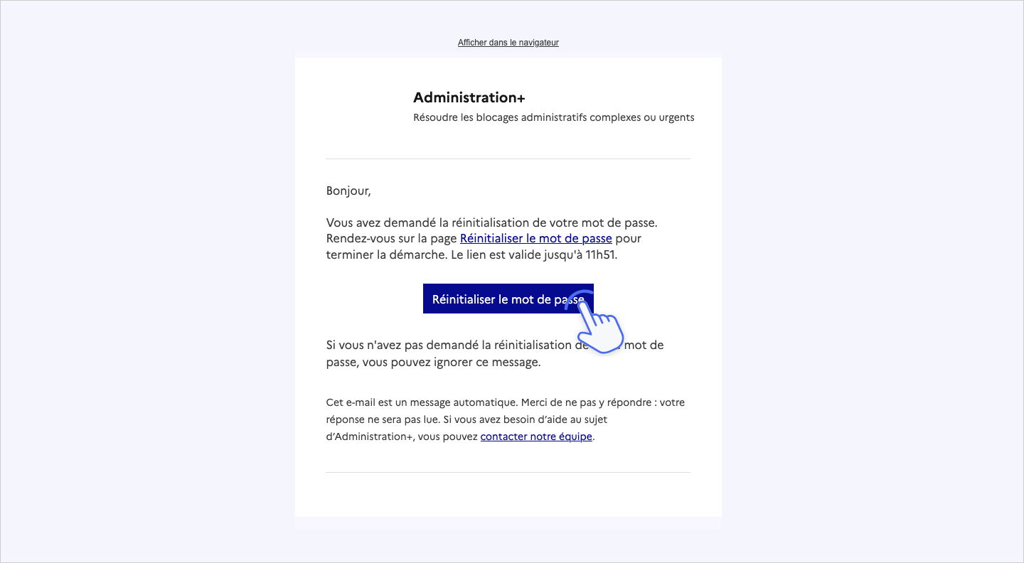 Copie d'écran de l'e-mail de changement de mot de passe. Une main montre le bouton Réinitialiser le mot de passe.