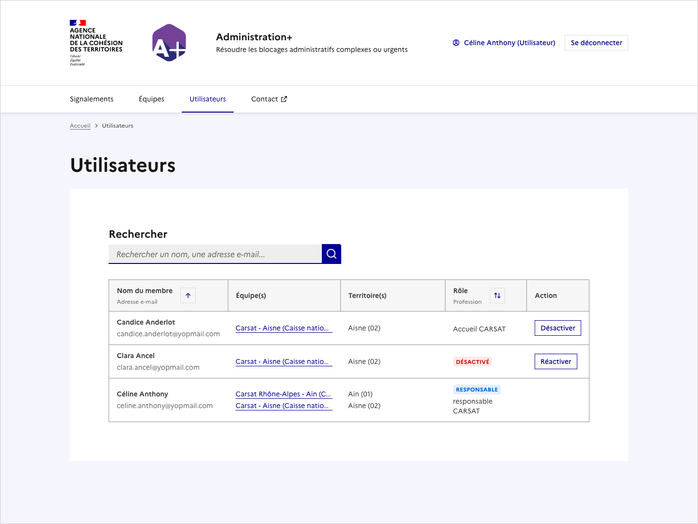 Copie d'écran de la page Utilisateurs.