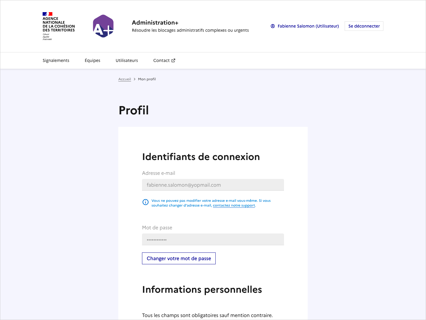 Copie d'écran de la page Profil, section Identifiants de connexion.