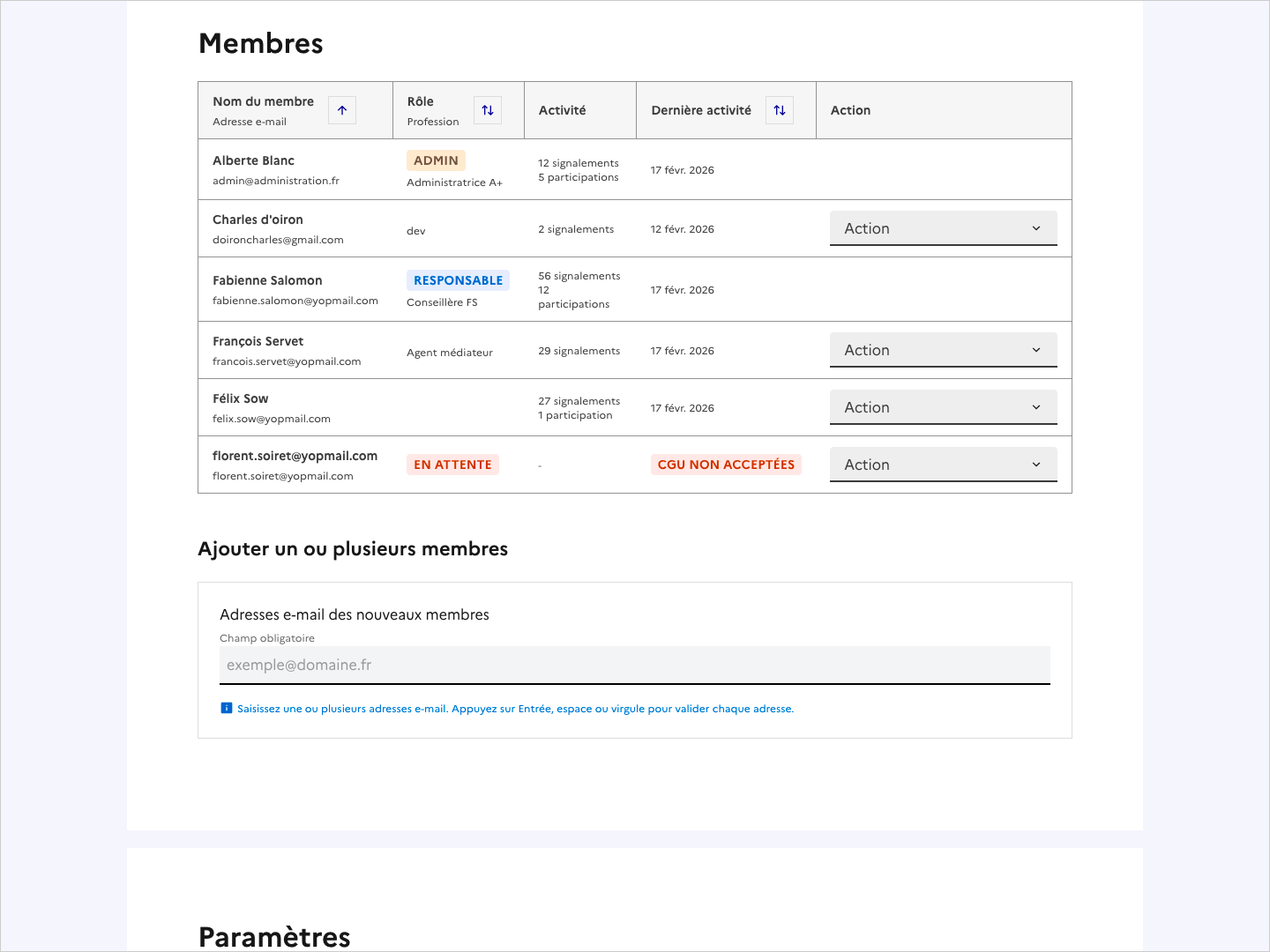 Copie d'écran de la page Équipes avec le nouveau membre En attente.